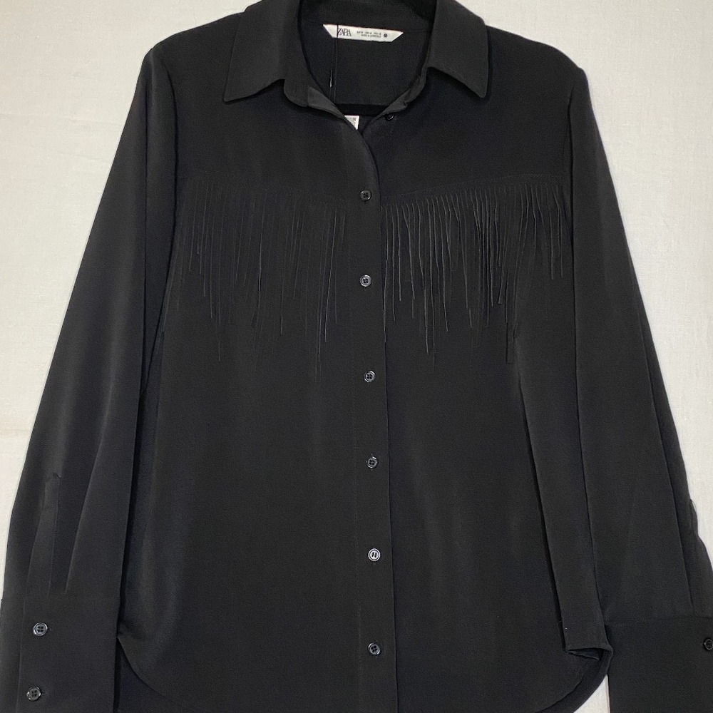 Zara Black Blouse / Long Sleeved Western Top with Fringe Size M New